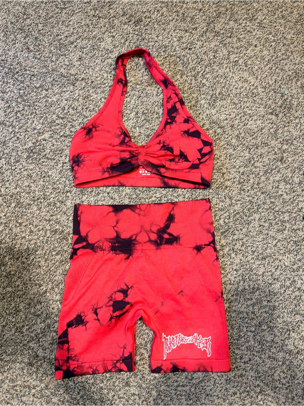Red & Black Tie-Dye Sports Bra and High-Waist Bike Shorts Set